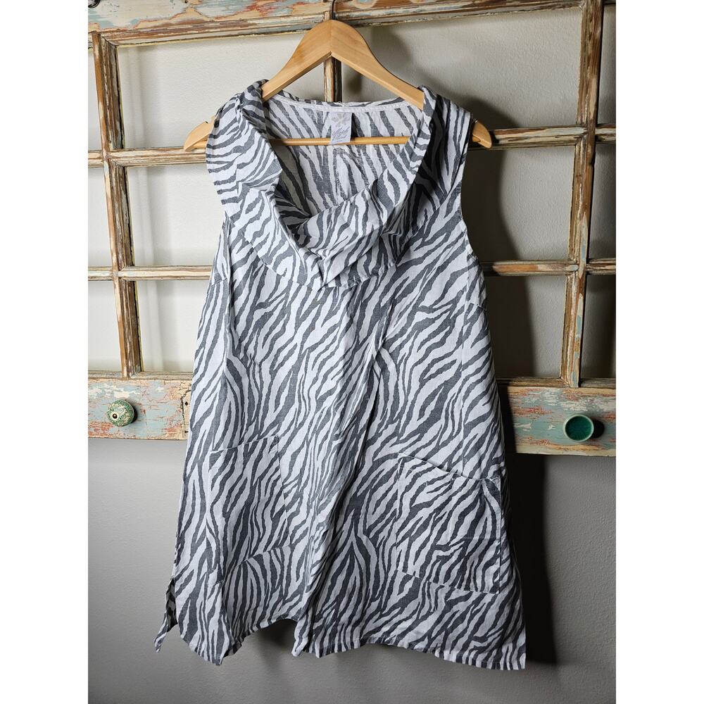 Match Point Linen Animal Print Zebra Tunic Sleeveless Cowl Neck Ladies Small